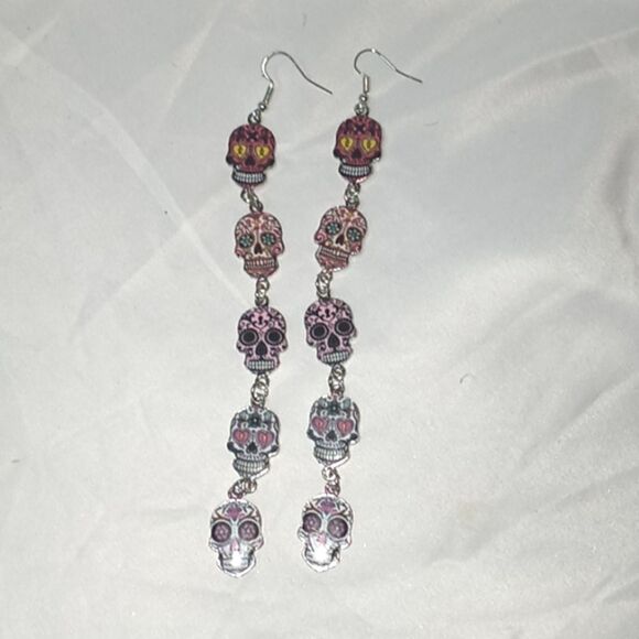 Hand Crafted Jewelry - Sugar Skulls 5 piece pink drop dangle earrings.